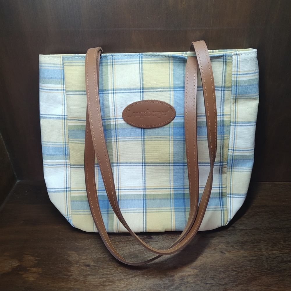 SOLD!Longaberger Blue & Yellow Plaid Tote Bag  11"T magnetic closure (S)